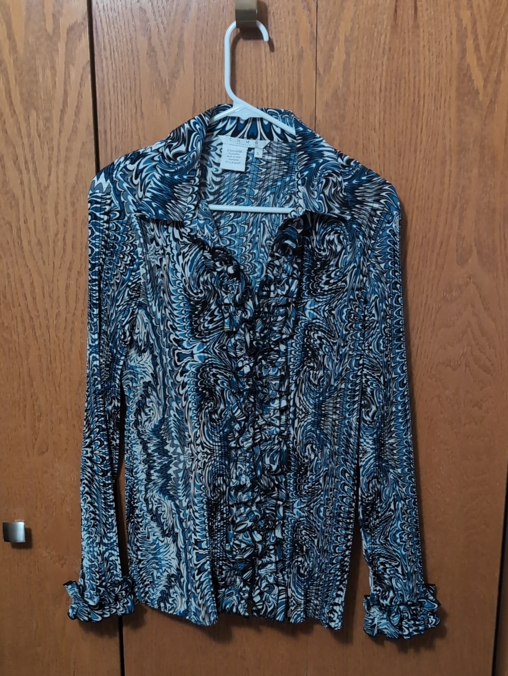 Ruffled Front Printed Blouse in Blue, Black, Grey & White, XL